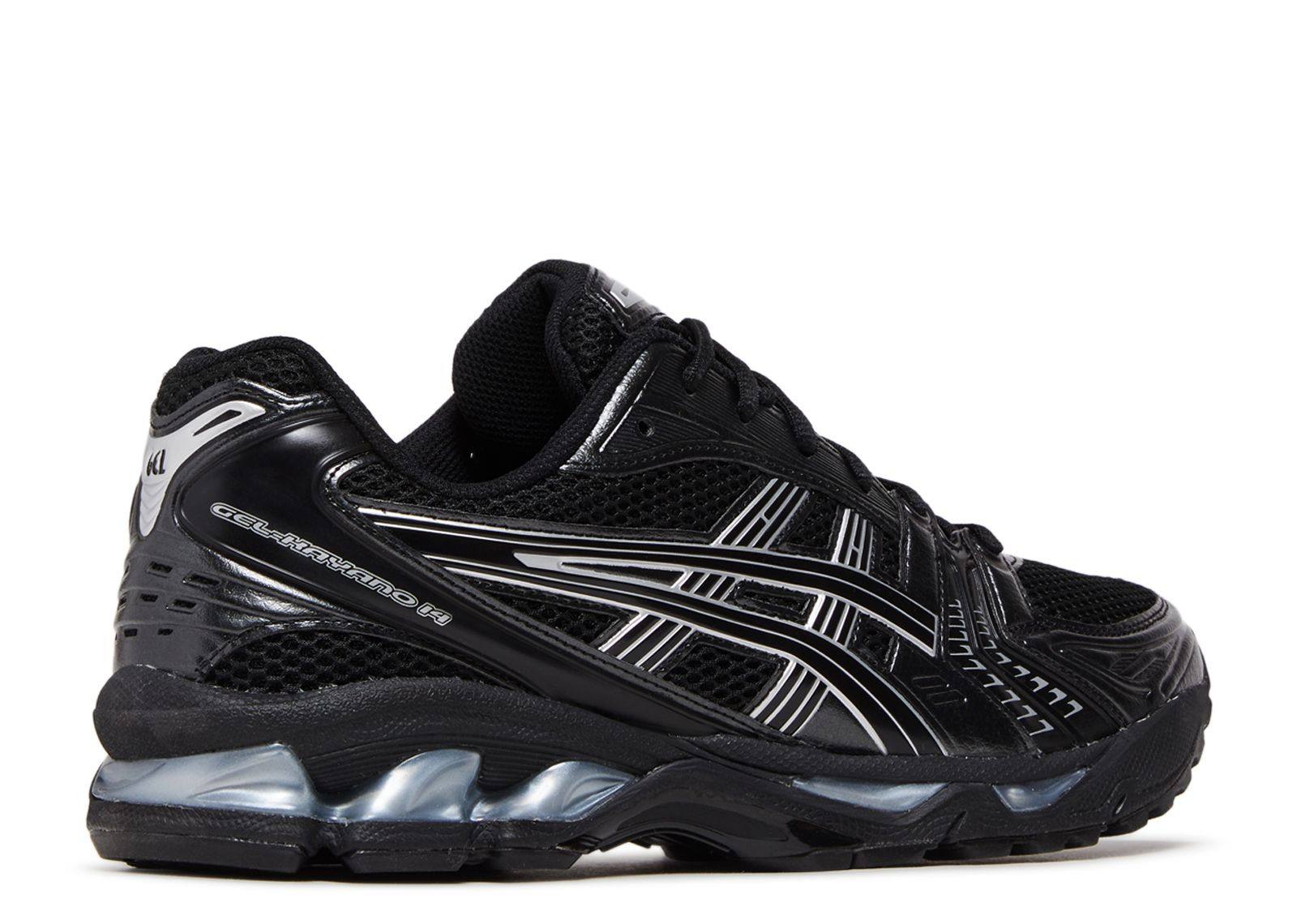 Black and silver Gel Kayano 14 running shoe with cushioning and mesh upper design