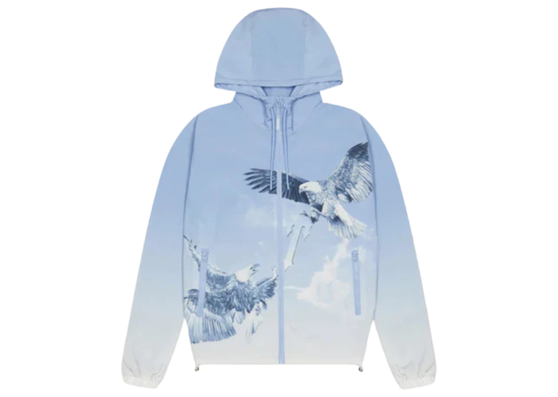 Trapstar Flying Birds light blue windbreaker jacket with eagle graphic and hood