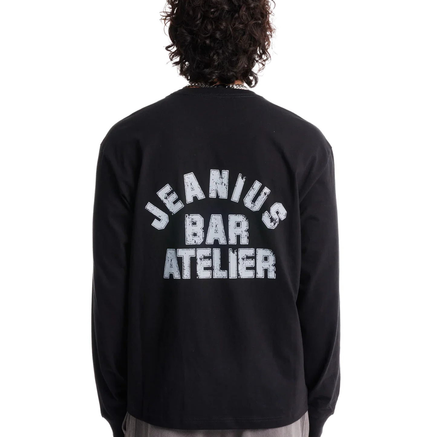Jeanius Bar Atelier varsity black and white long sleeve shirt with relaxed boxy fit and vintage wash