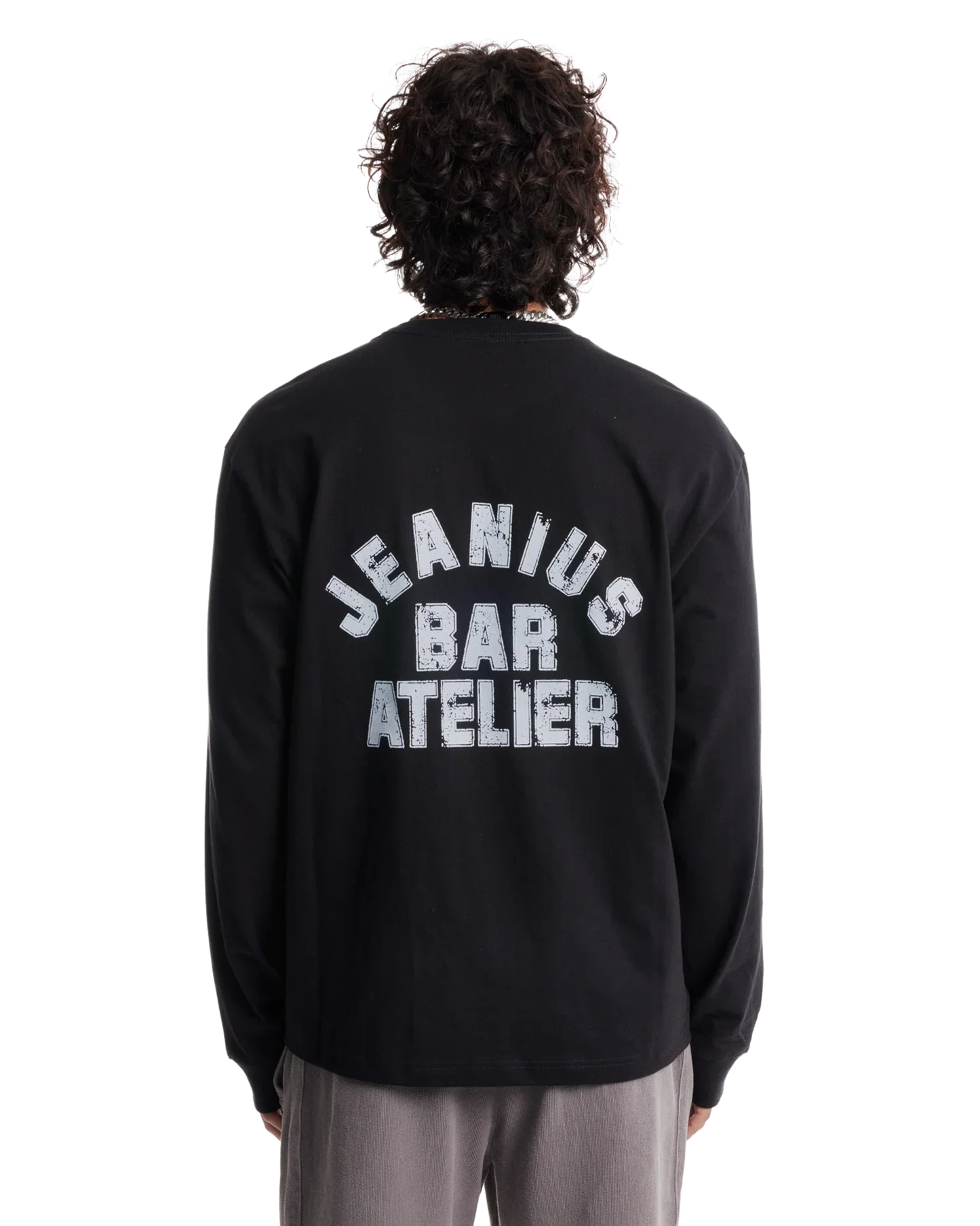Jeanius Bar Atelier varsity black and white long sleeve shirt with relaxed boxy fit and vintage wash