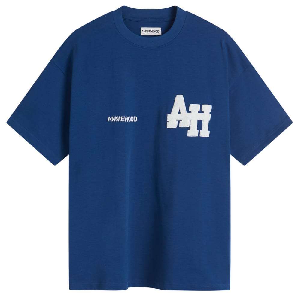 Blue ANNIE HOOD College T-shirt with white "AH" logo and ANNIEHOOD text on front