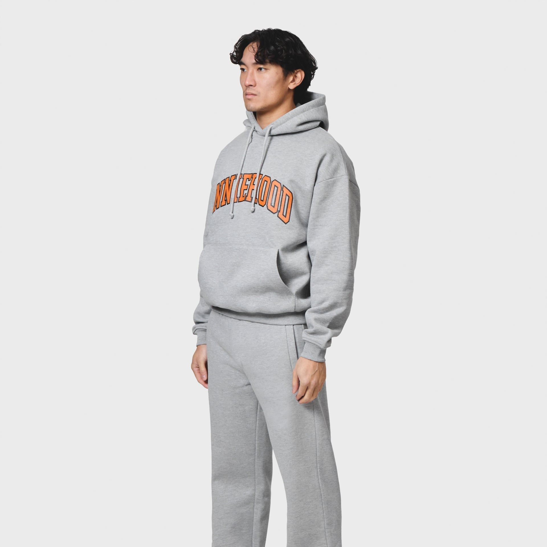 Grey ANNIE HOOD college arch hoody in relaxed fit with 500gsm brushback cotton