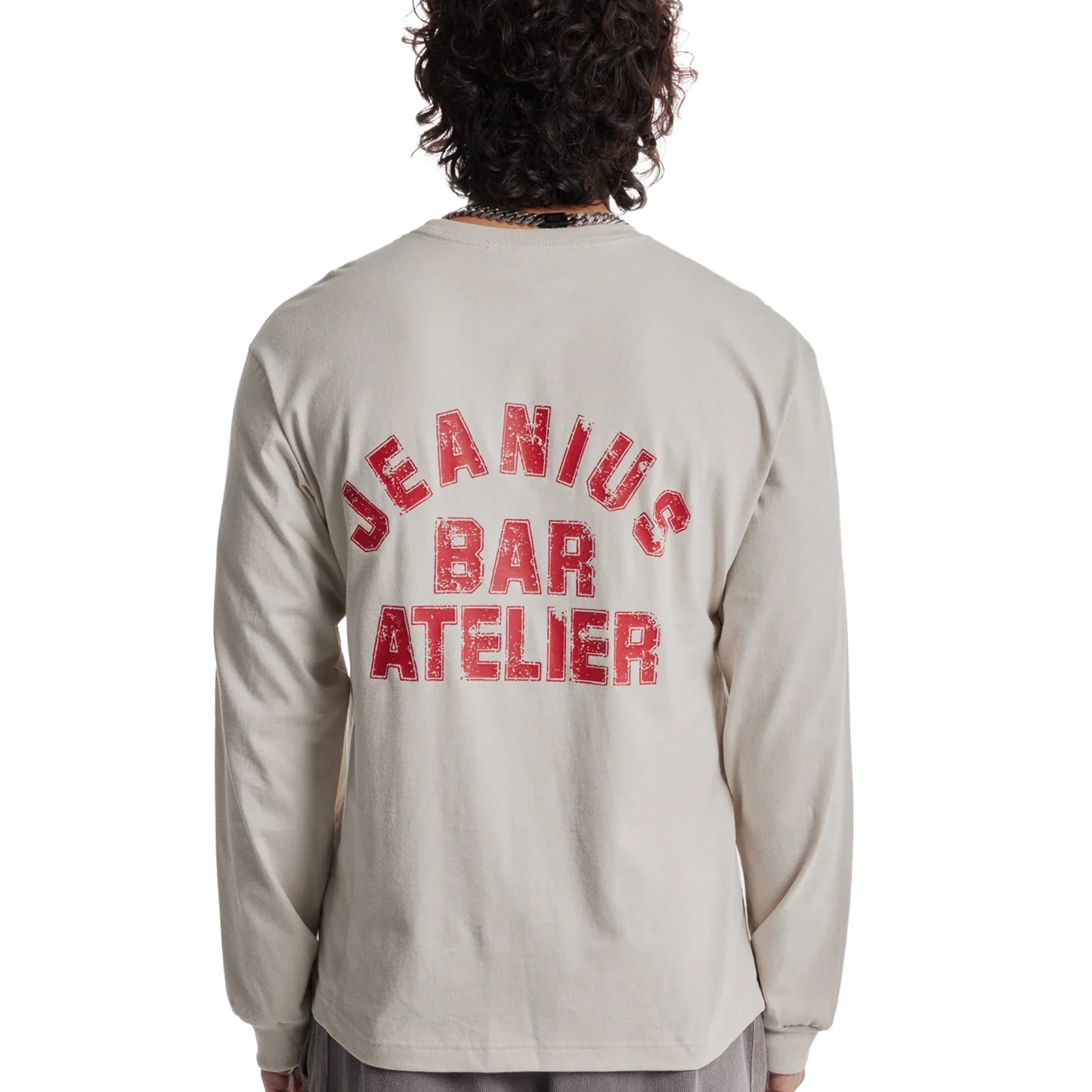 Jeanius Bar Atelier varsity long sleeve t-shirt in cream and red with vintage wash and boxy fit