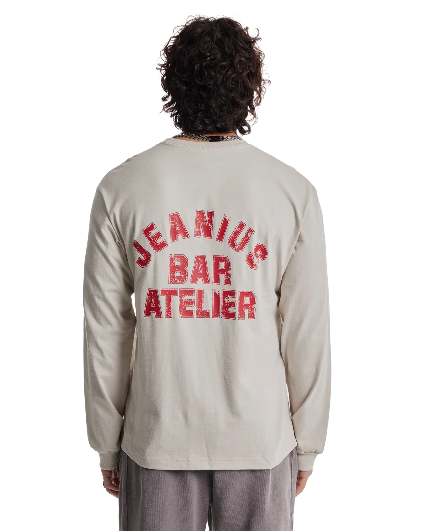 Jeanius Bar Atelier varsity long sleeve t-shirt in cream and red with vintage wash and boxy fit