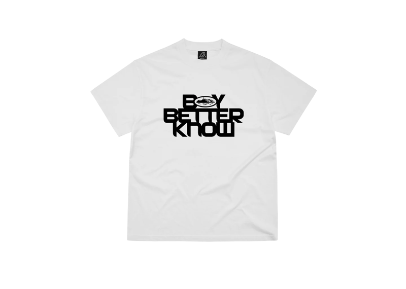 White Corteiz BBK Alcatraz Tee with black "Boy Better Know" text and Alcatraz graphic on front