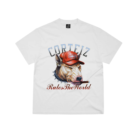 White Corteiz Dog Pound Tee with dog graphic and "Rules The World" text