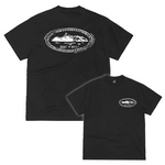 Black Corteiz Island Stamp Tee with white island graphic and coordinates on front and back