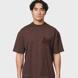 Annie Hood College T-shirt in washed brown, 280gsm cotton, relaxed fit modeled by a 6'0 person wearing size M
