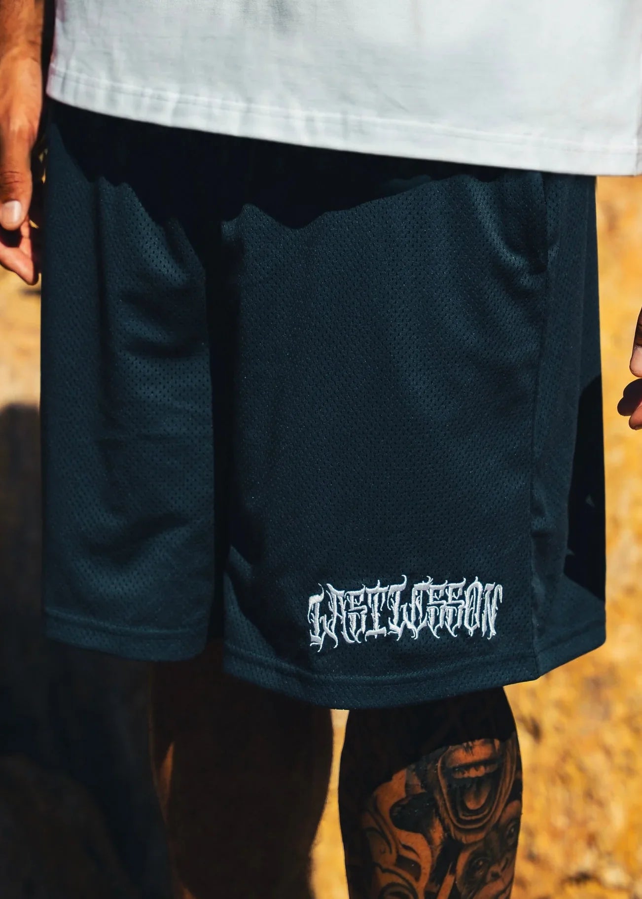 Last Lesson Script Mesh Shorts in dark blue color