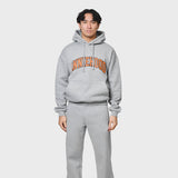 Grey ANNIE HOOD college arch hoody in relaxed fit, made from 500gsm brushback cotton.