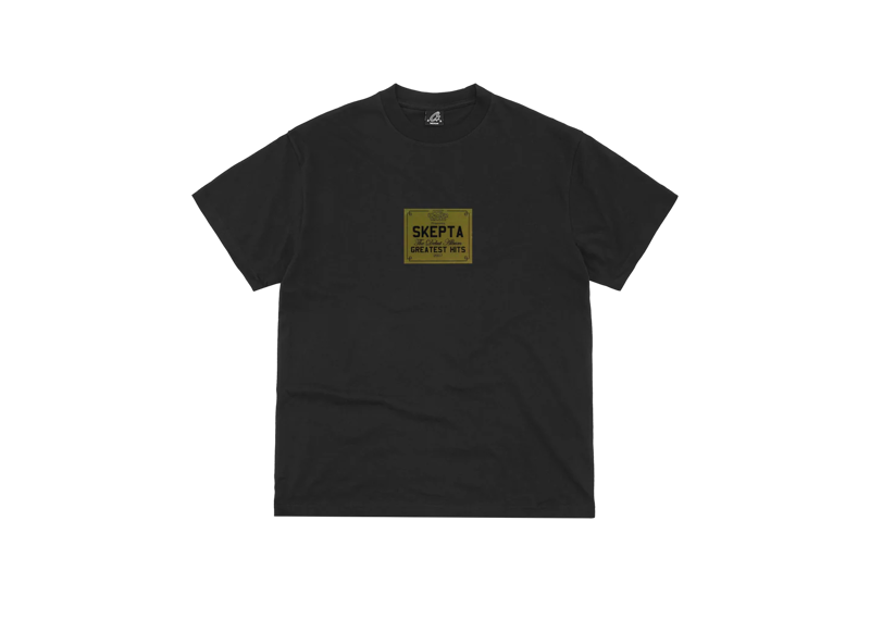 Black Corteiz x Skepta Greatest Hits graphic t-shirt with gold logo on front