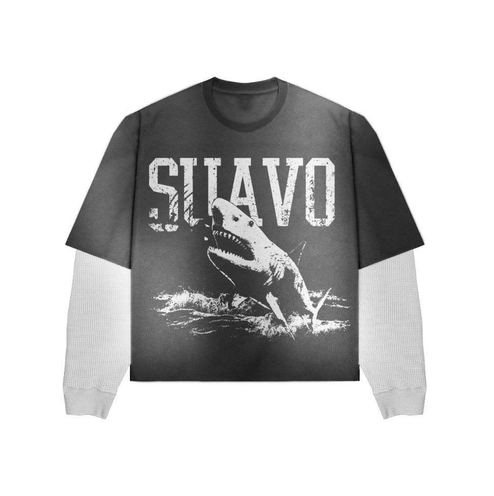 Suavo World Shark Heavy Waffle Long Sleeve Acid Wash with screen printed shark graphic.