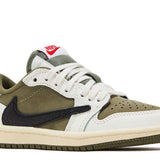 Travis Scott x Air Jordan 1 Retro Low OG SP PS sneaker in reverse olive and medium olive colors with black swoosh and white laces