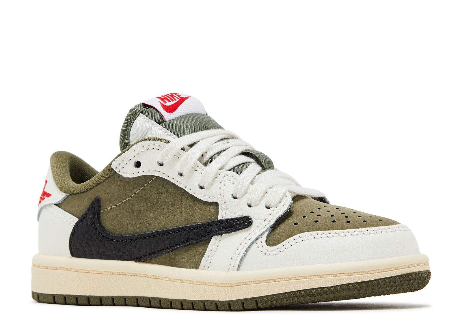 Travis Scott x Air Jordan 1 Retro Low OG SP PS sneaker in reverse olive and medium olive colors with black swoosh and white laces