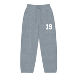 Suavo World 19 grey knit sweatpants with drawstring and white number 19 design
