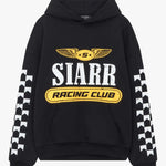 Siarr Racing Club Hoodie black pullover with kangaroo pocket and ribbing, 100% cotton, model wearing small size