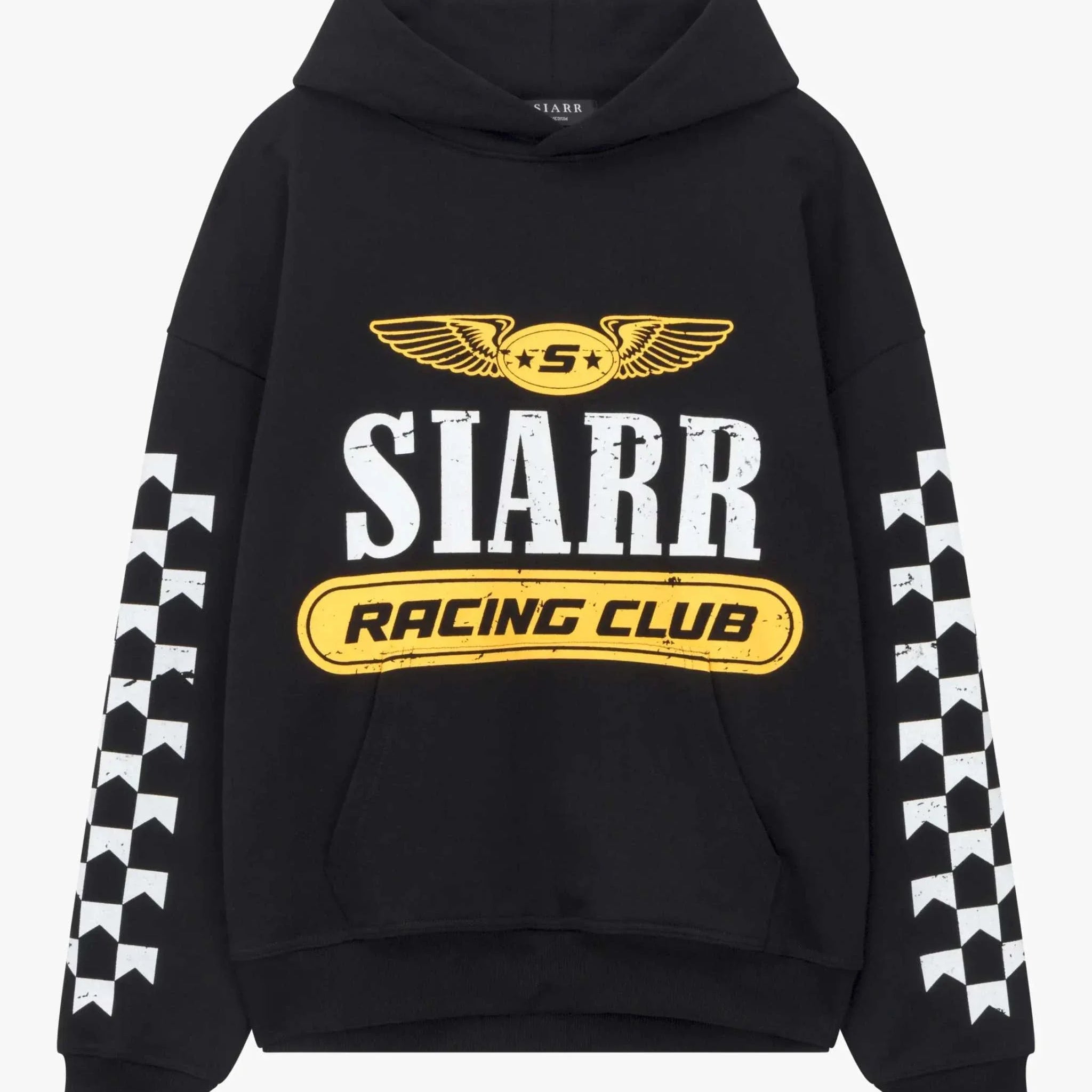 Siarr Racing Club Hoodie black pullover with kangaroo pocket and ribbing, 100% cotton, model wearing small size