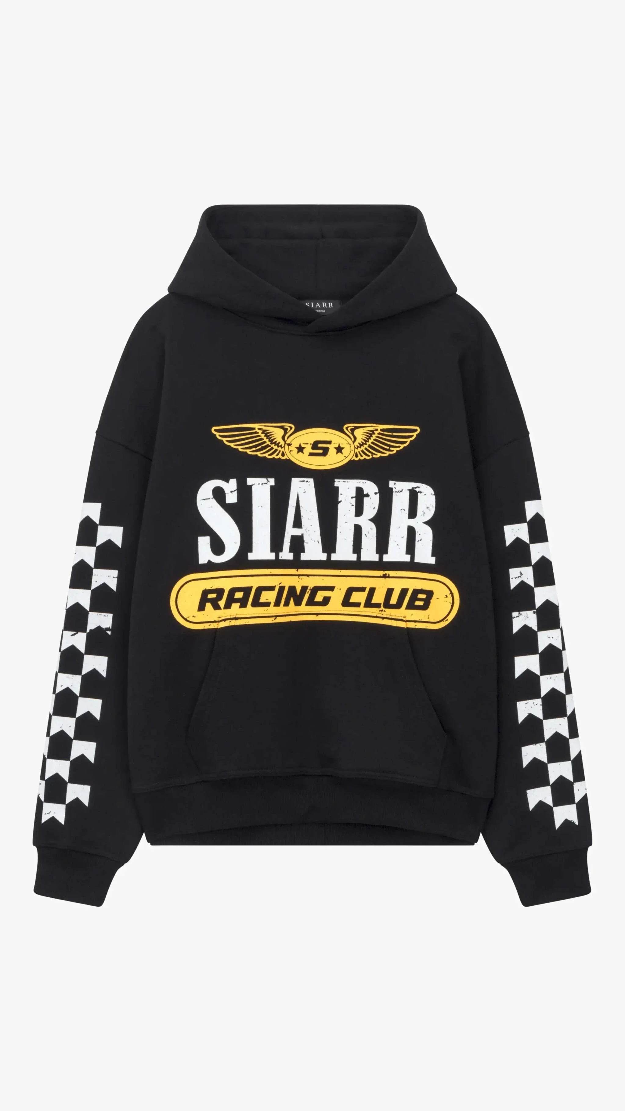 Siarr Racing Club Hoodie black pullover with kangaroo pocket and ribbing, 100% cotton, model wearing small size