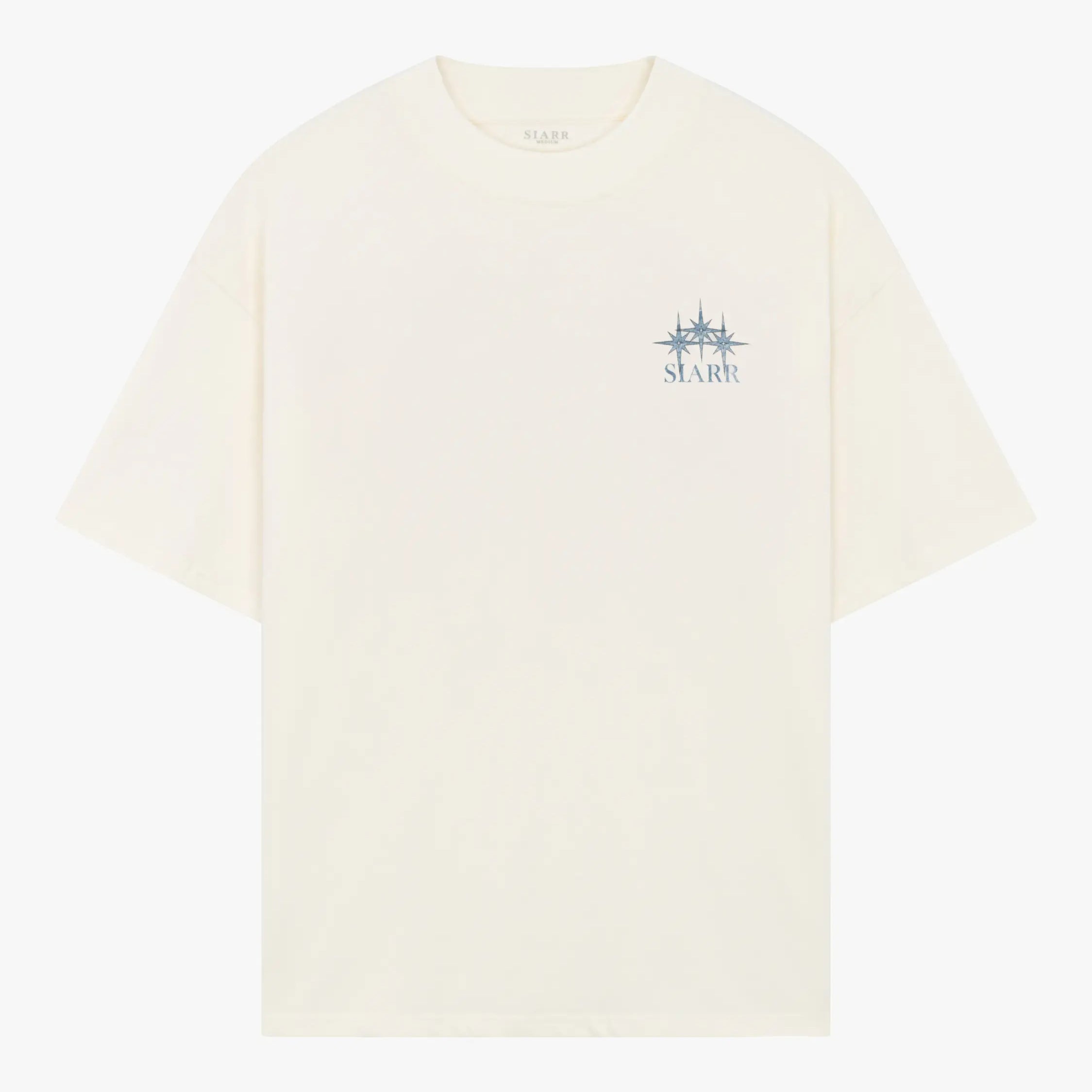 Siarr Stardust Tee white graphic t-shirt with back print and relaxed fit in heavyweight cotton