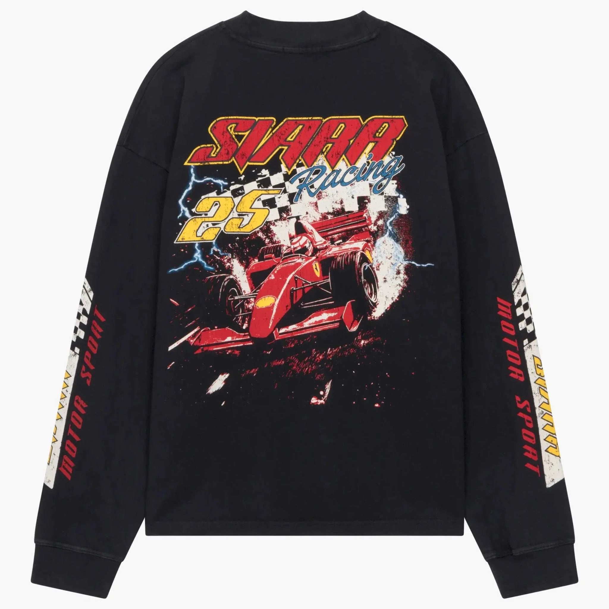 Siarr Motor Sport oversized black long sleeve tee with ribbed neck and screen print in heavyweight cotton