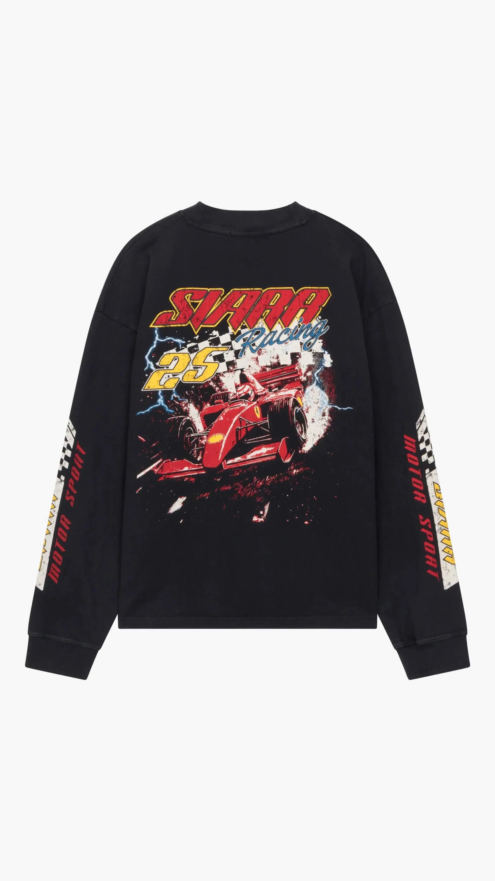 Siarr Motor Sport oversized black long sleeve tee with ribbed neck and screen print in heavyweight cotton