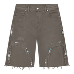 Suavo World Utility Shorts in sage green with distressed canvas, rhinestone embellishments, and pink leather patch