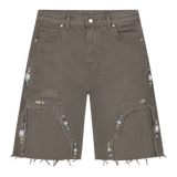 Suavo World Utility Shorts in sage green with distressed canvas, rhinestone embellishments, and pink leather patch