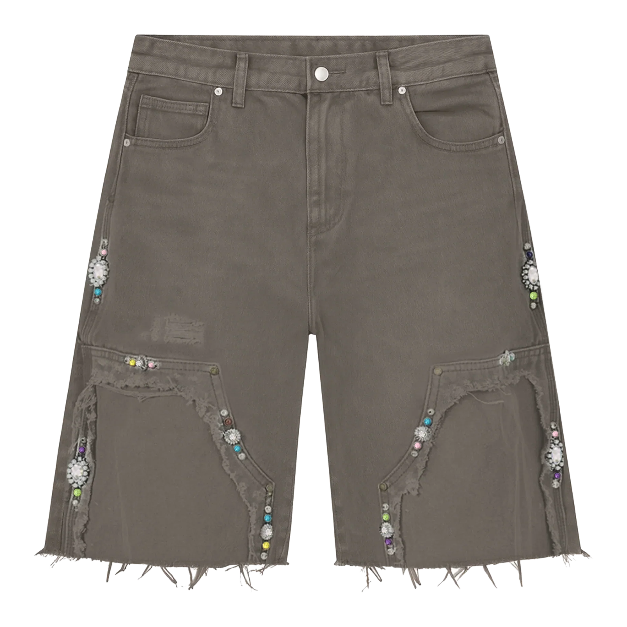 Suavo World Utility Shorts in sage green with distressed canvas, rhinestone embellishments, and pink leather patch