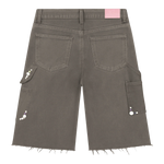 Suavo World Utility Shorts in sage green with distressed canvas, rhinestone accents, and pink leather patch.