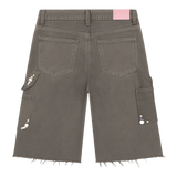 Suavo World Utility Shorts in sage green with distressed canvas, rhinestone accents, and pink leather patch.