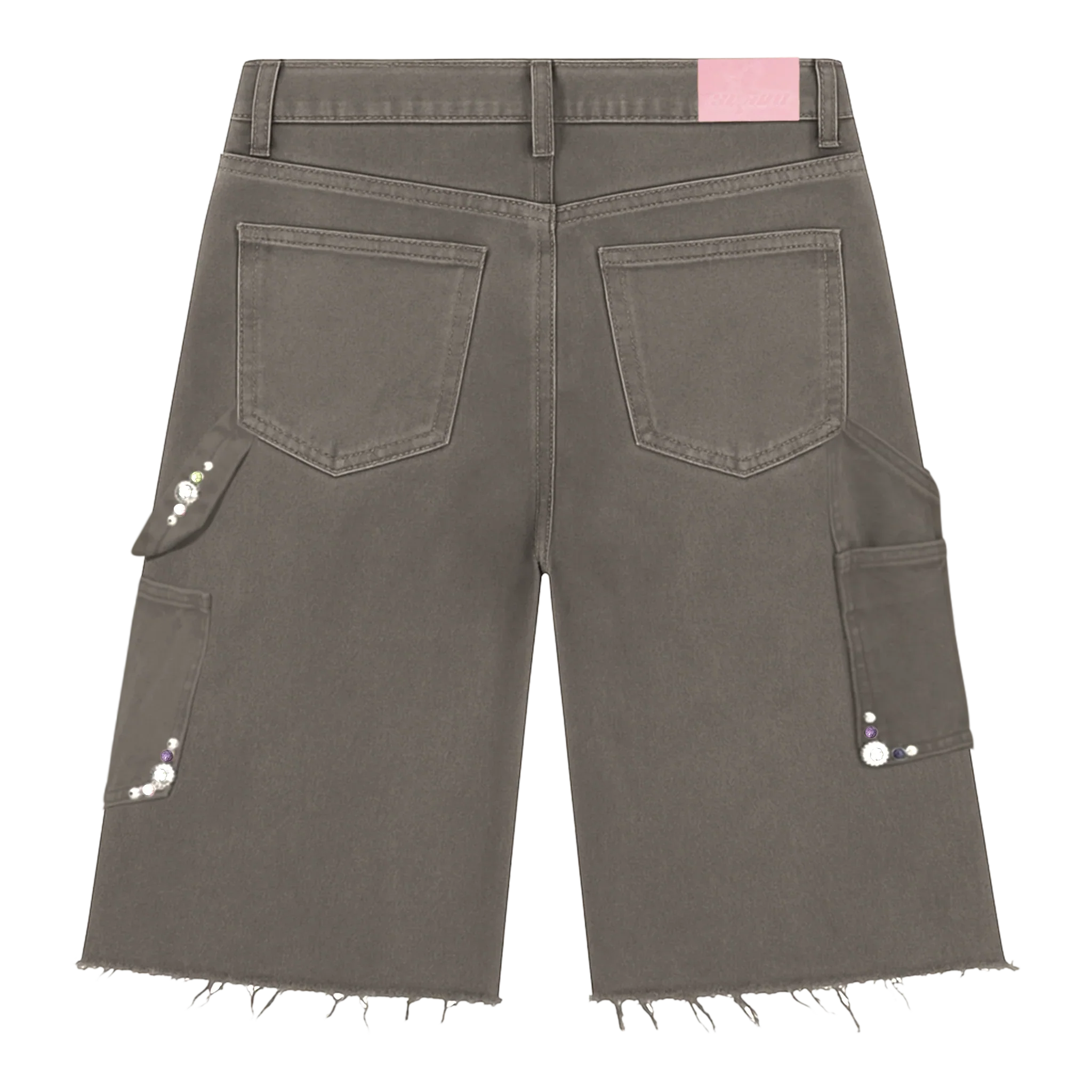 Suavo World Utility Shorts in sage green with distressed canvas, rhinestone accents, and pink leather patch.