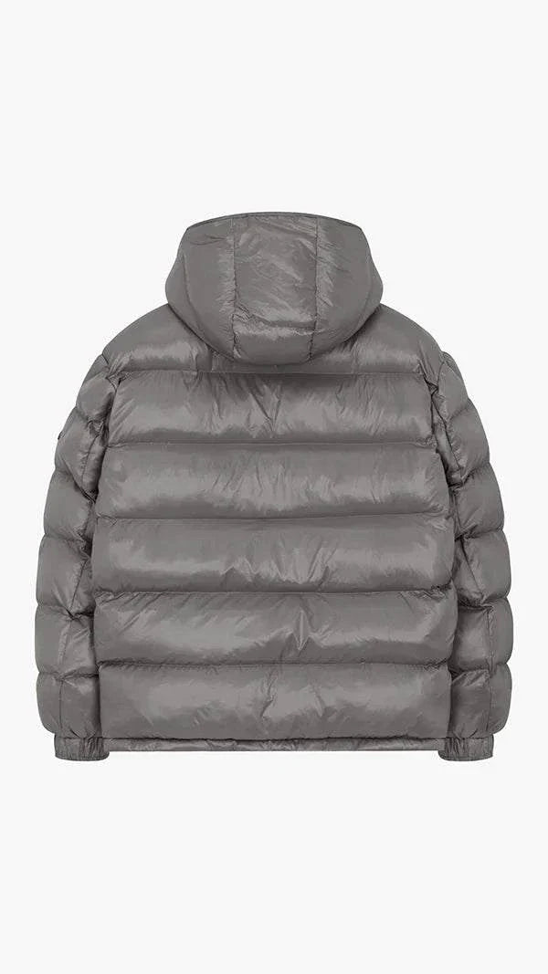 Back view of Siarr Lightweight Jacket in dark grey with detachable hood and padded nylon fabric