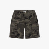 Black Siarr camo cargo shorts with belt loops and button zip fastening on model