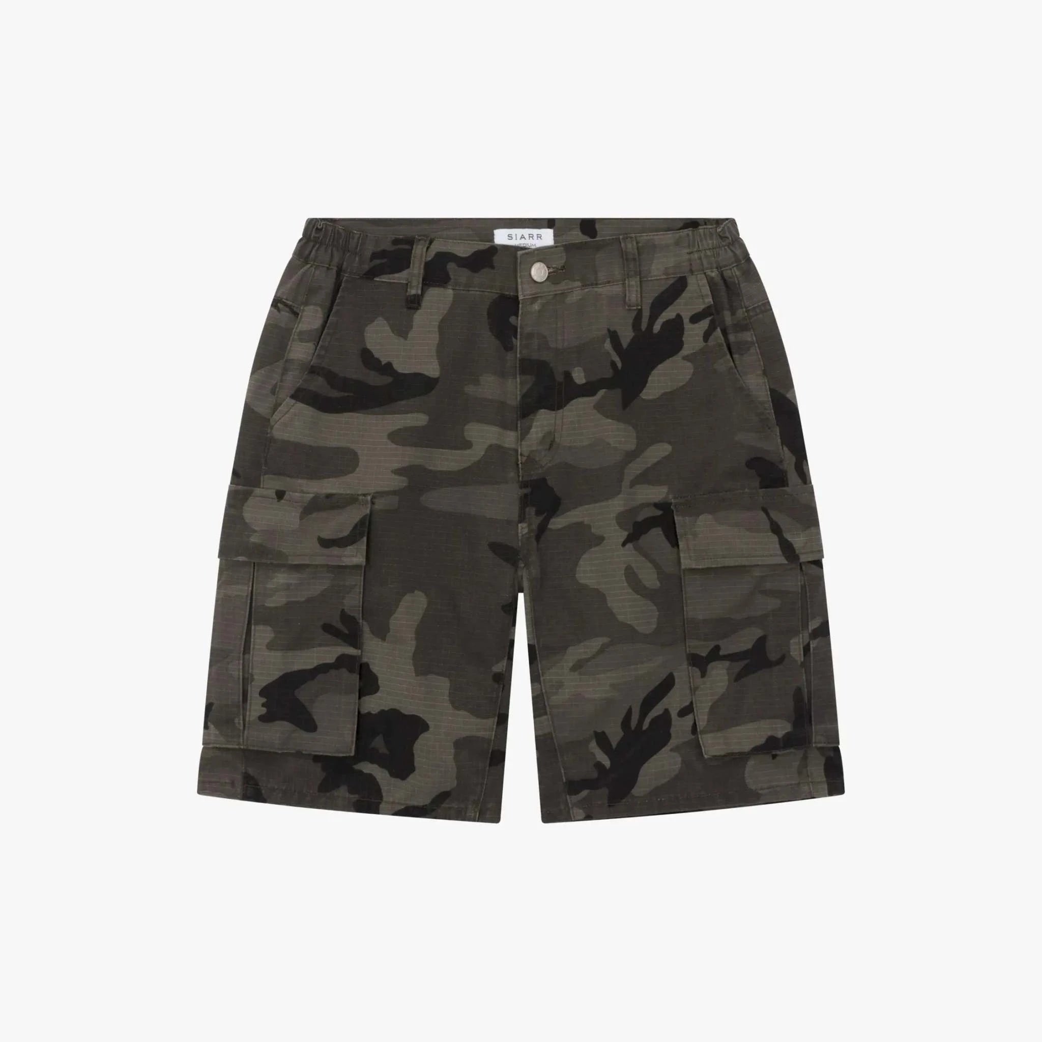 Black Siarr camo cargo shorts with belt loops and button zip fastening on model