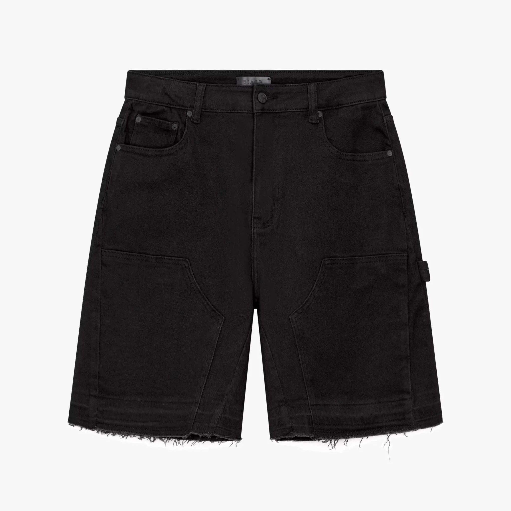 Black Siarr Rio Shorts with raw hem, front detailing, belt loops, and branded rivet buttons in regular fit.