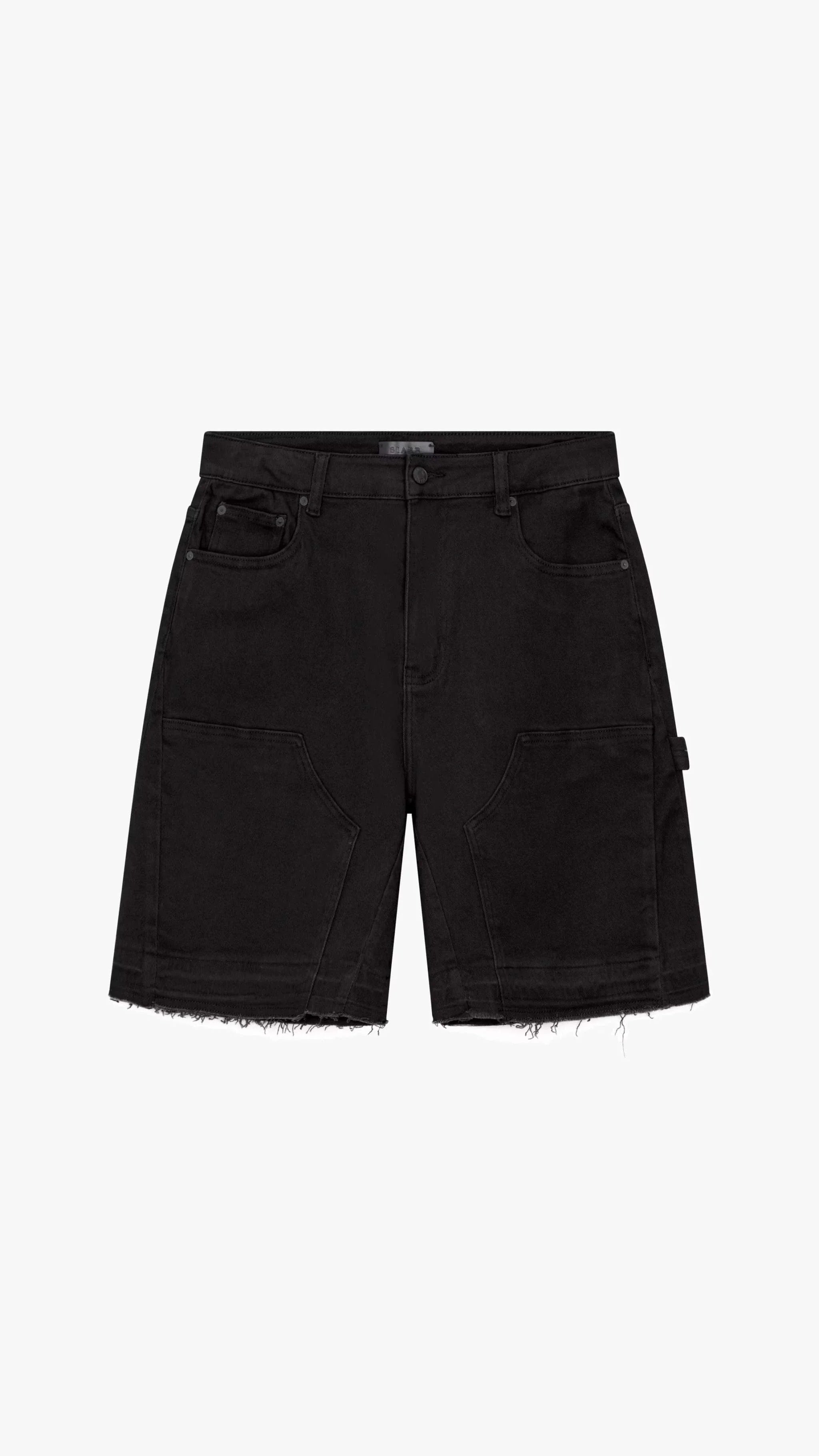 Black Siarr Rio Shorts with raw hem, front detailing, belt loops, and branded rivet buttons in regular fit.