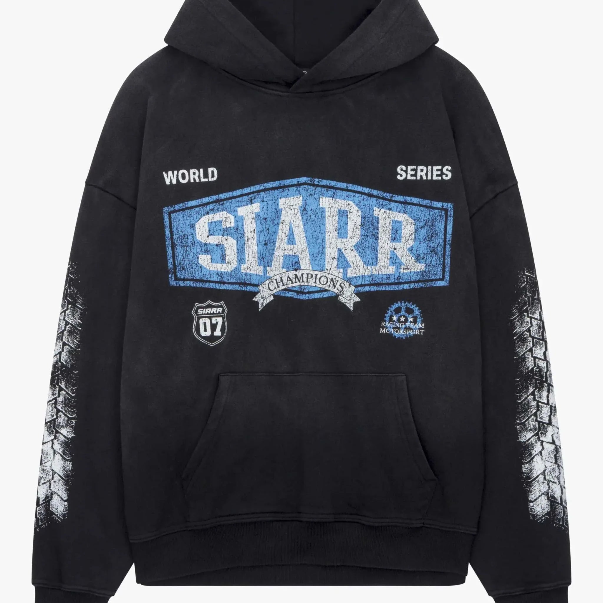 Siarr World Series Hoodie in washed black with pullover hood and kangaroo pocket, 100% cotton, regular fit.
