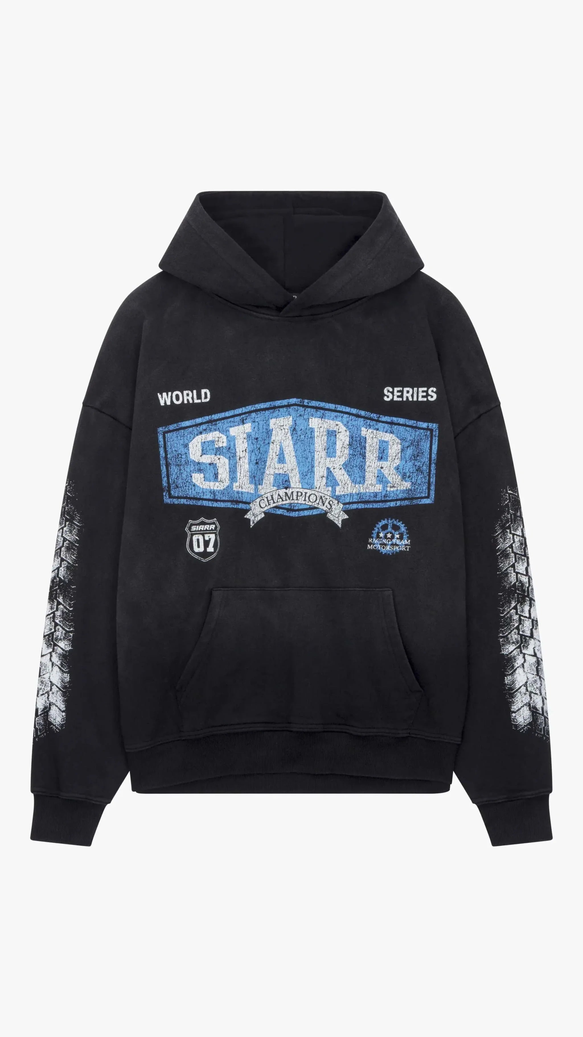 Siarr World Series Hoodie in washed black with pullover hood and kangaroo pocket, 100% cotton, regular fit.