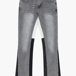 Siarr Flared Jeans light grey denim with contrast inner leg seam and hem, slim flared fit, multiple pockets, and branded rivet buttons