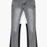 Siarr Flared Jeans light grey denim with contrast inner leg seam and hem, slim flared fit, multiple pockets, and branded rivet buttons