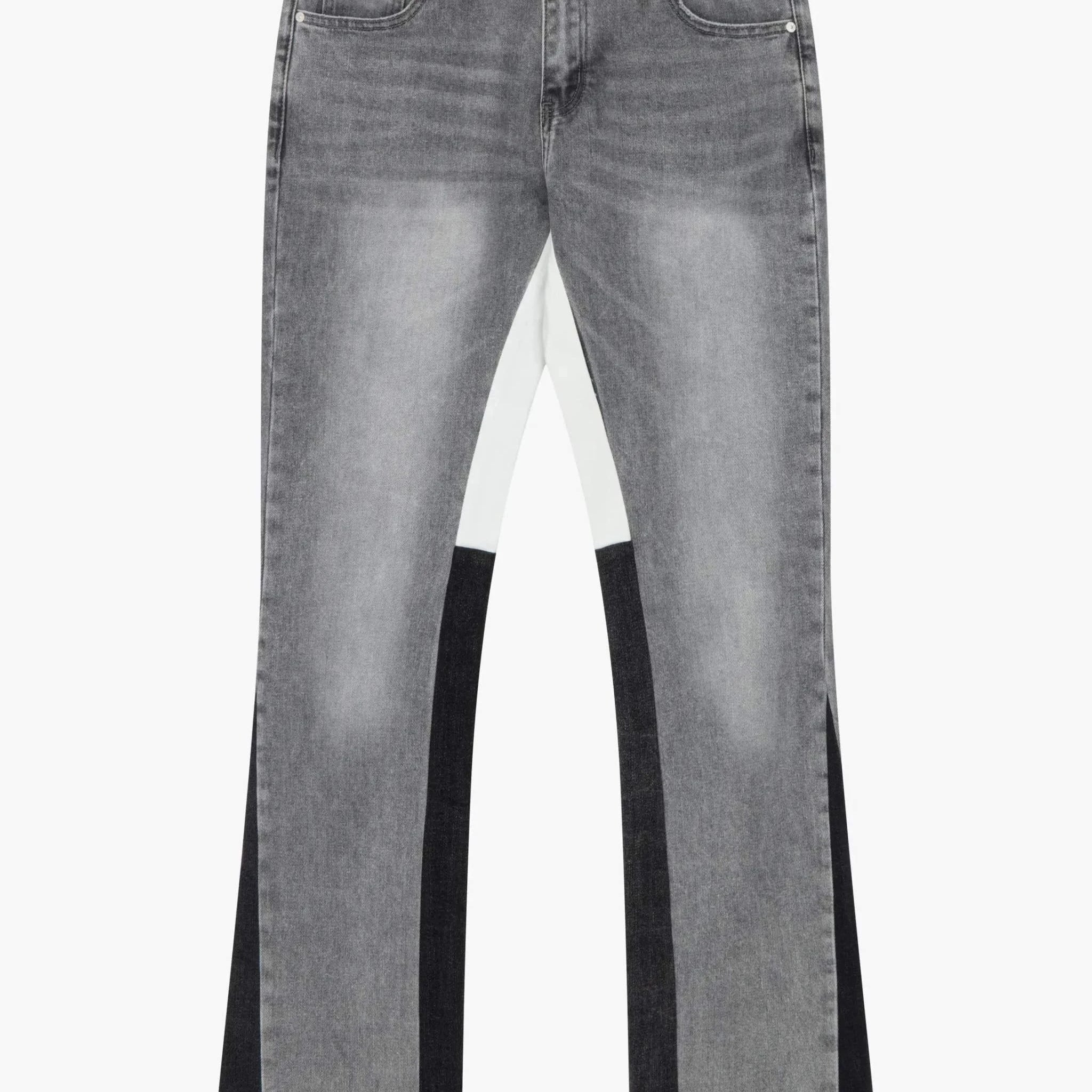 Siarr Flared Jeans light grey denim with contrast inner leg seam and hem, slim flared fit, multiple pockets, and branded rivet buttons