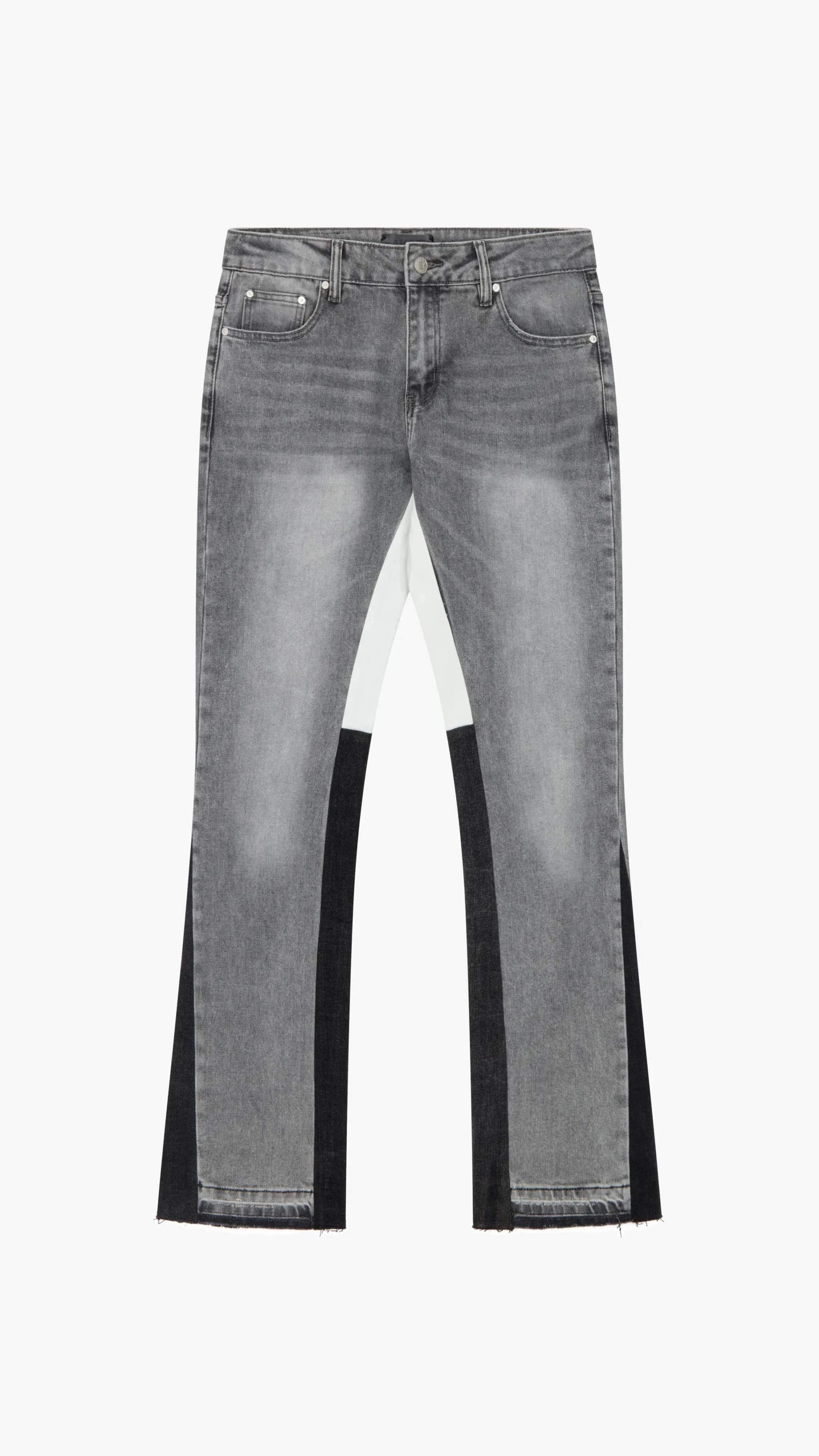 Siarr Flared Jeans light grey denim with contrast inner leg seam and hem, slim flared fit, multiple pockets, and branded rivet buttons