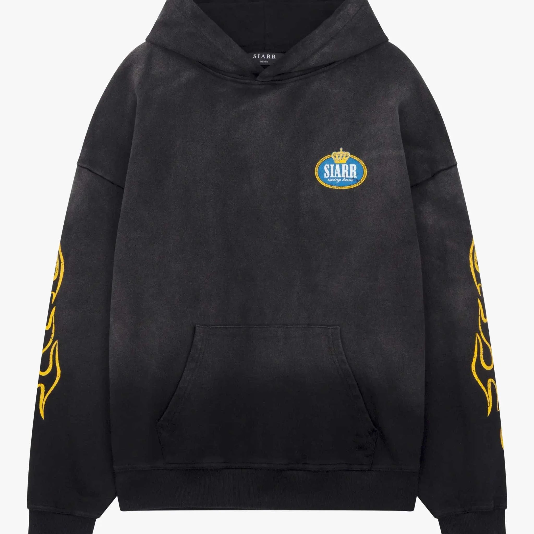 Siarr Crown Hoodie in washed black with pullover hood and kangaroo pocket, made from 100% cotton.
