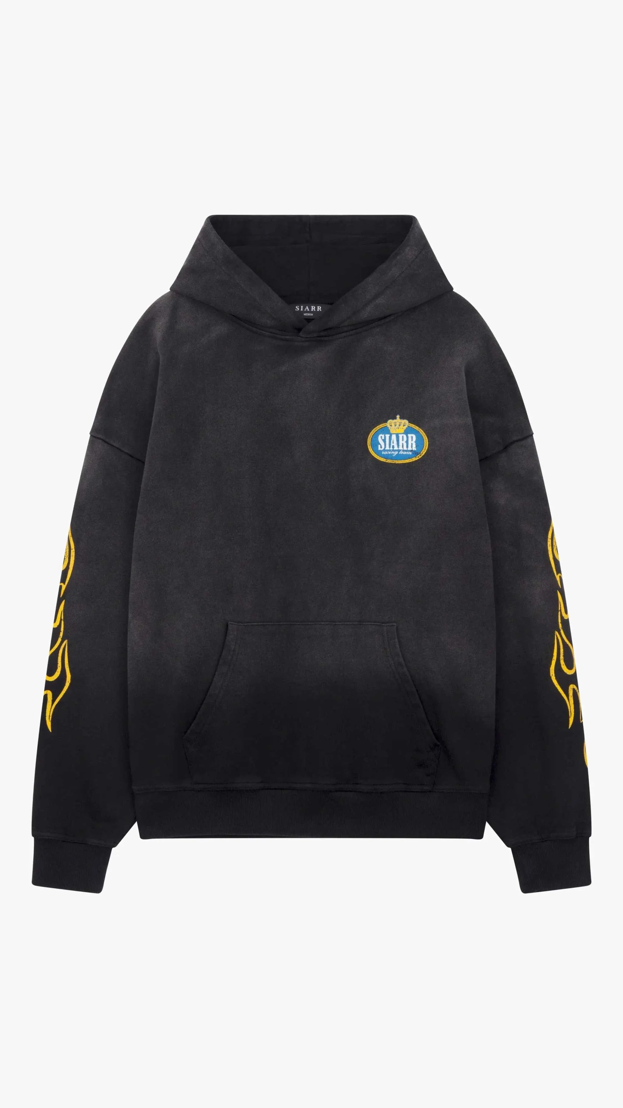 Siarr Crown Hoodie in washed black with pullover hood and kangaroo pocket, made from 100% cotton.