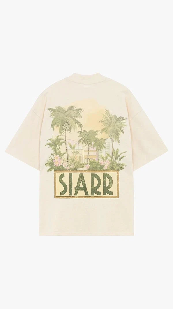 Siarr Palm Tee oversized fit beige cotton t-shirt with palm tree graphic on back and ribbed neck