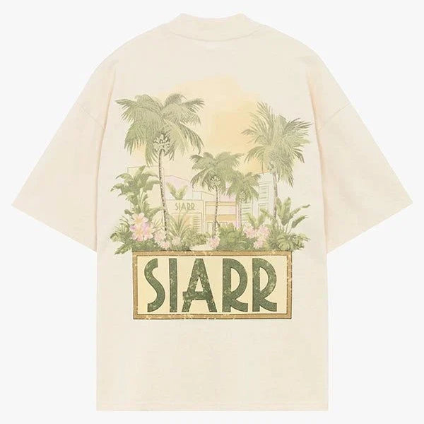 Siarr Palm Tee oversized fit beige cotton t-shirt with palm tree graphic on back and ribbed neck