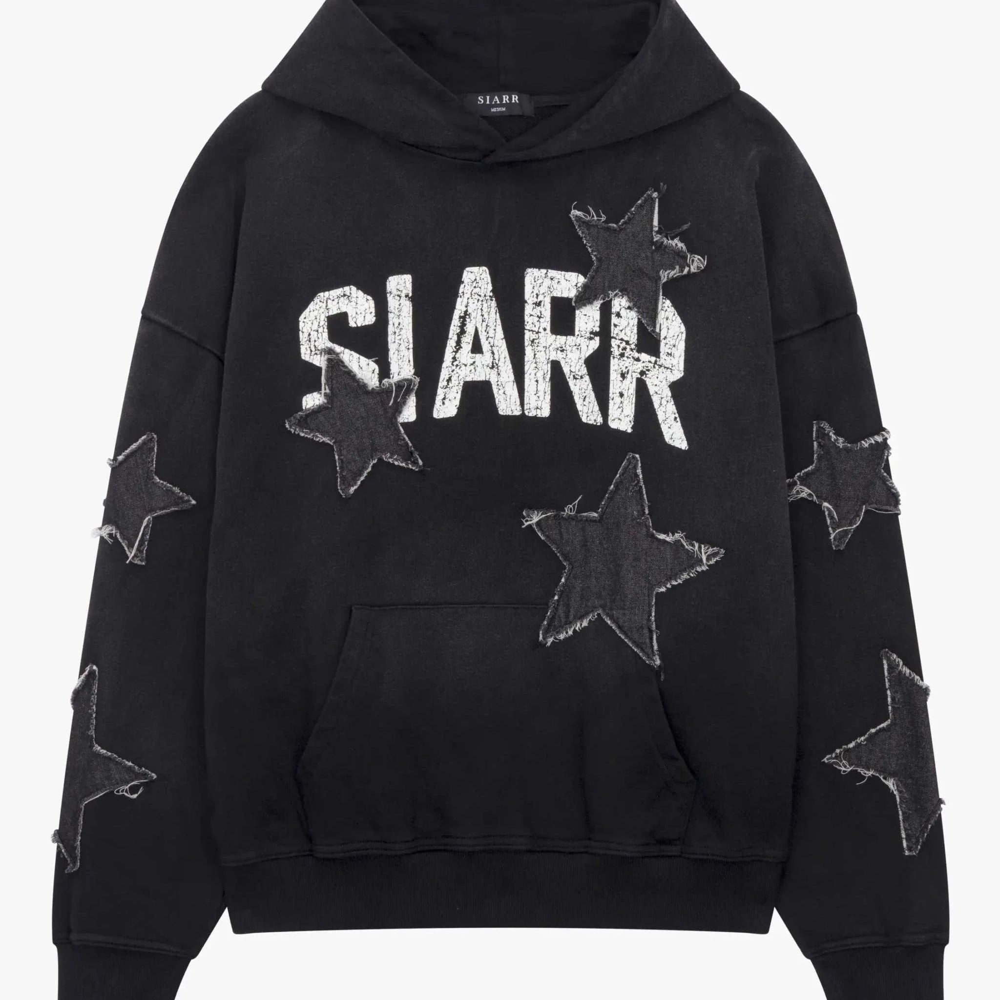 Siarr Star Hoodie washed black pullover with kangaroo pocket and cotton fabric