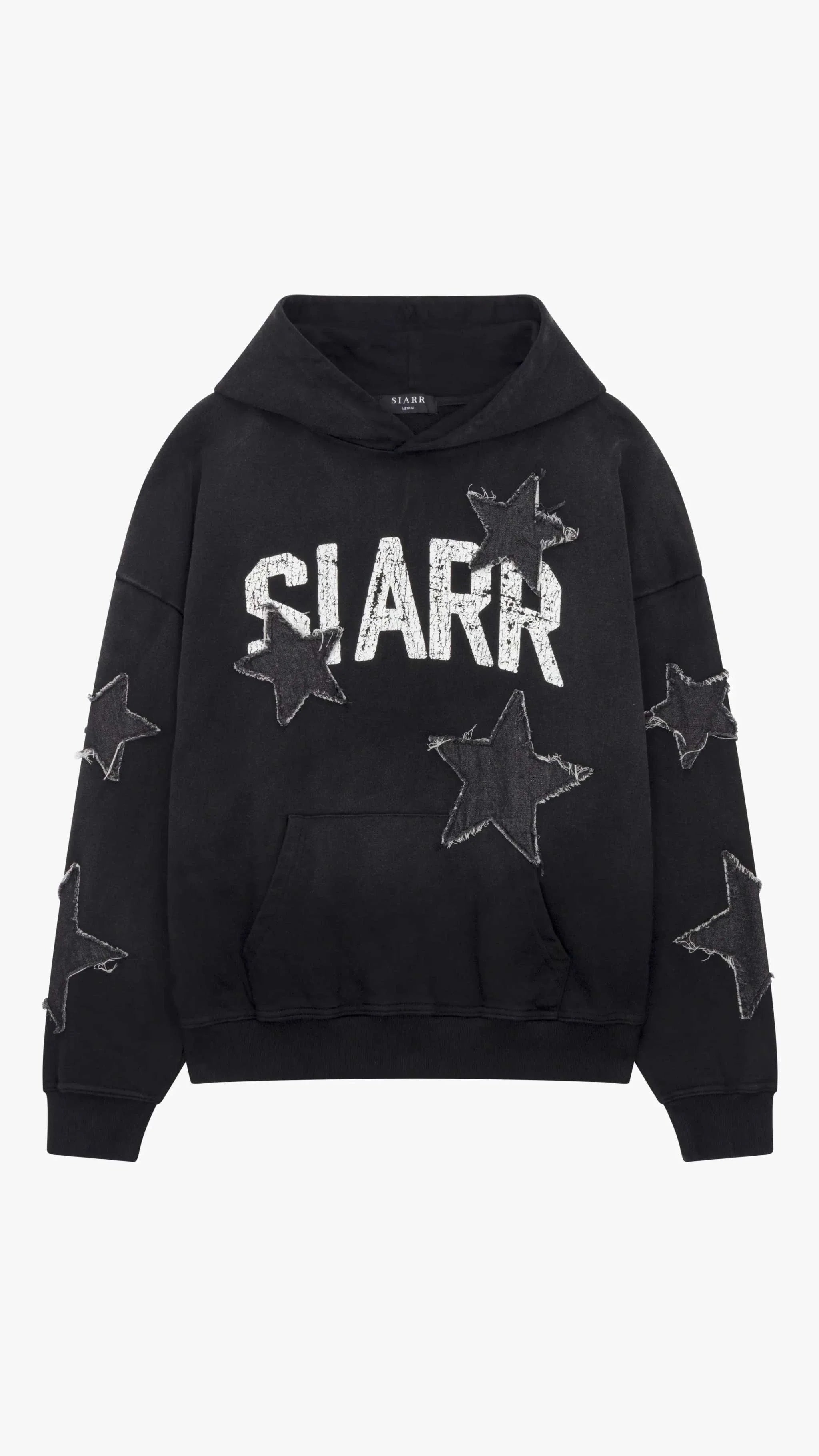 Siarr Star Hoodie washed black pullover with kangaroo pocket and cotton fabric