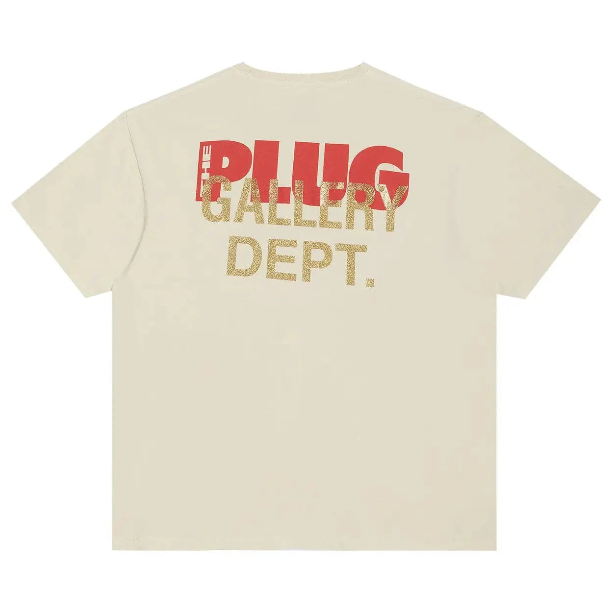 Gallery Dept. Toymaker Antique White T-shirt with red and gold bold graphic text on the back