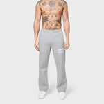 Grey ANNIE HOOD APPLIQUE JOGGERS in 500gsm brushback cotton with relaxed fit modeled by 6'0 male wearing size M
